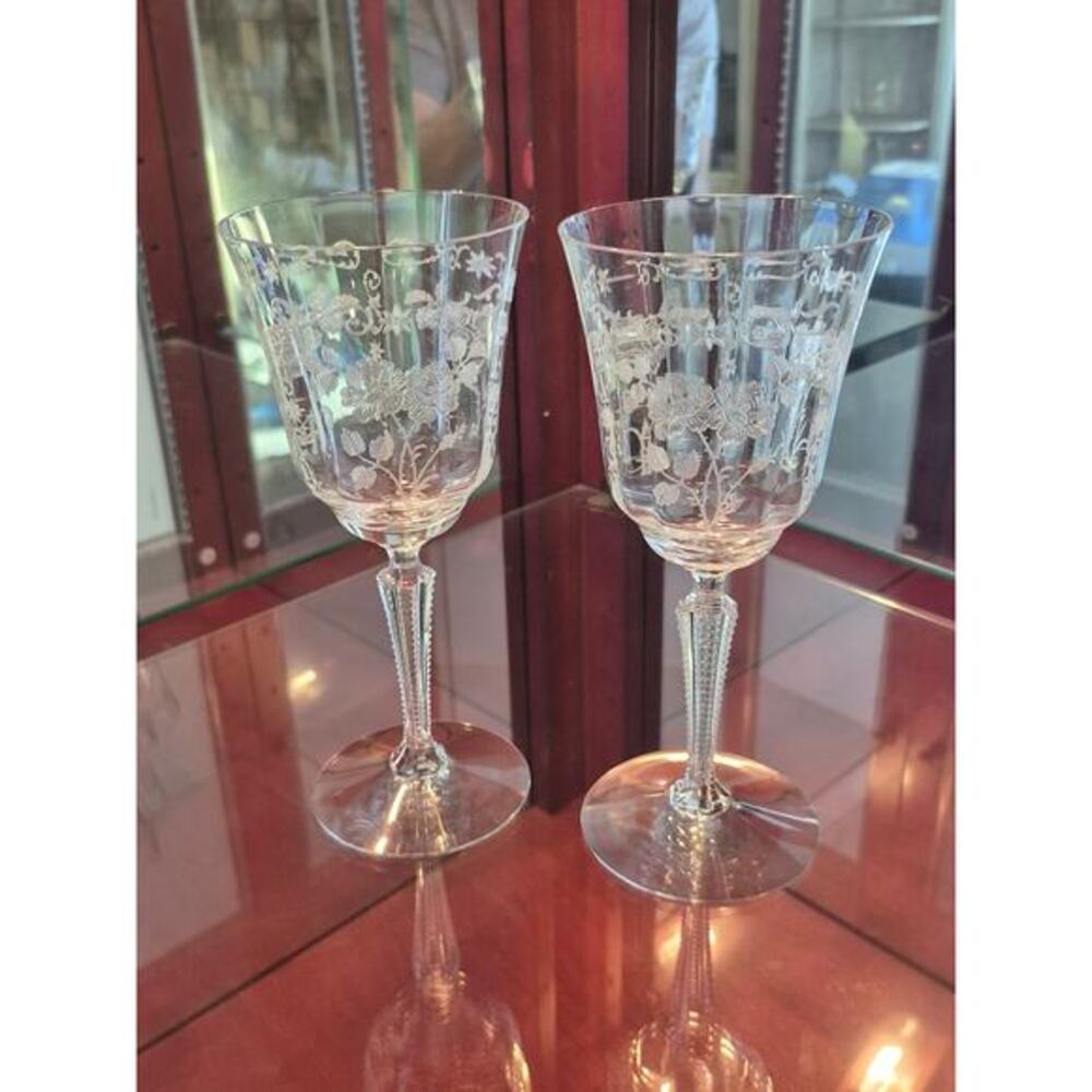 Fostoria Midnight Rose Water Glasses Etched Vintage Fine Quality 1933 Set of‎ 2